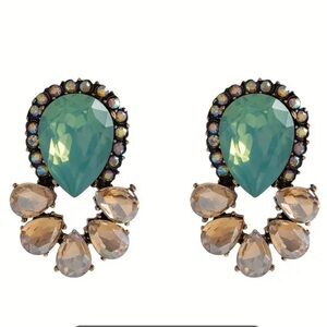 Art Deco Cyan & Champagne Rhinestone Mosaic, Teardrop Artsy Opalescent Earrings